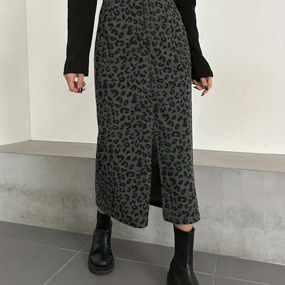 Damen Maxi Rock Leopard Print Rippstrick Schlitz