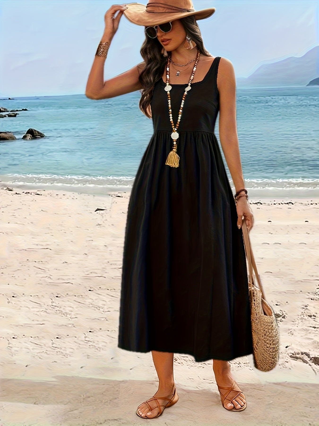 Women's Fit & Flare Midi Dress with Wide Skirt and Square Neck – Perfect for Vacation and Everyday Wear