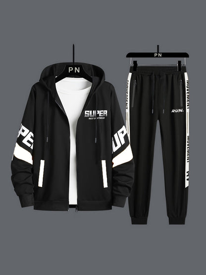 Men's sports tracksuit with a zip-up hooded jacket and striped joggers
