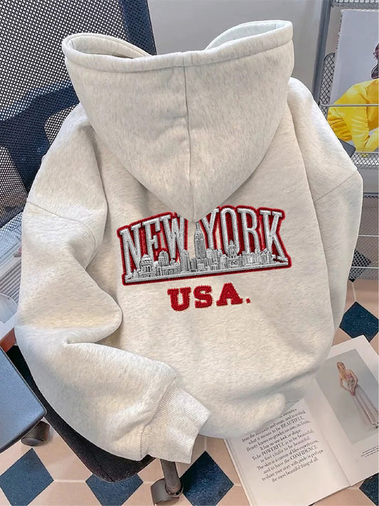 Hoodie with "NEW YORK USA" embroidery, light gray, relaxed fit