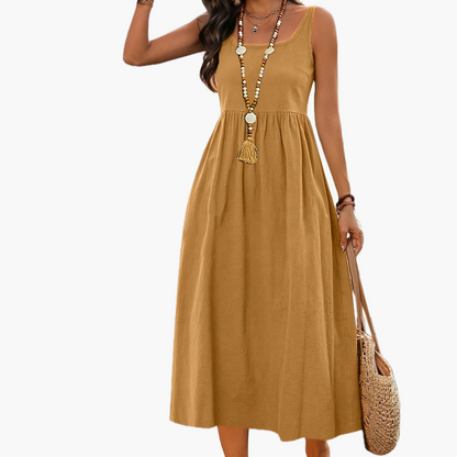 Women's Fit & Flare Midi Dress with Wide Skirt and Square Neck – Perfect for Vacation and Everyday Wear