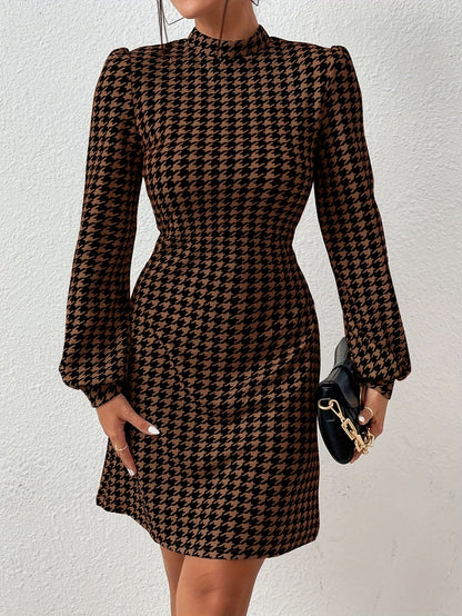 Damen Hahnentritt Kleid Schwarz Braun mit Stehkragen und Puffärmeln