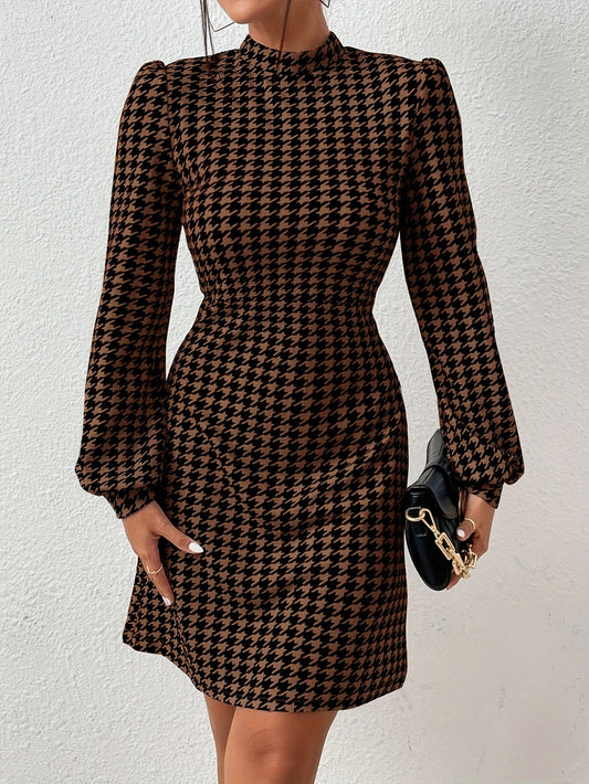 Women's black-and-brown houndstooth dress with a stand-up collar and puff sleeves