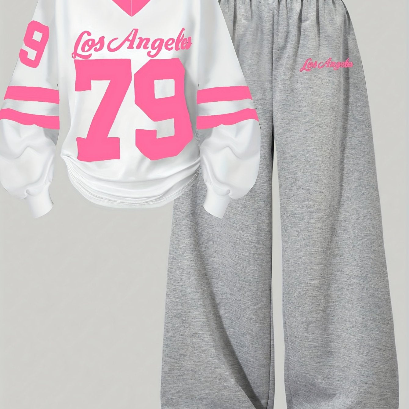 Two-piece women’s sports set: long-sleeve V-neck shirt and wide-leg pants, gray and white