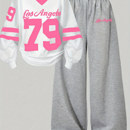 Two-piece women’s sports set: long-sleeve V-neck shirt and wide-leg pants, gray and white