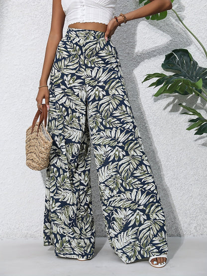 Women's Wide Summer Pants with Tropical Leaf Pattern – Fashionable Palazzo Pants for Beach and Leisure