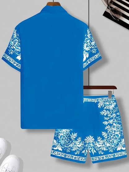 Men's Summer Casual Set with Short-Sleeve Shirt and Shorts – Floral Pattern, Ideal for Vacation & Beach