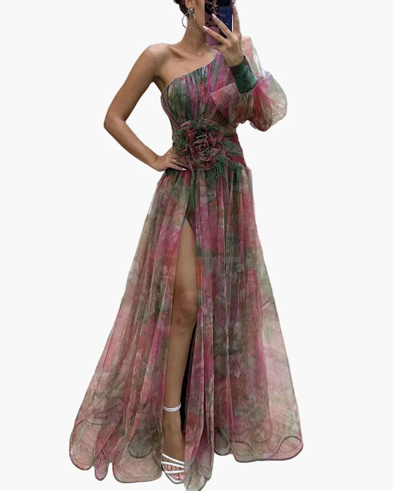 Damen Abendkleid One-Shoulder mit Puffärmel und Schlitz – Elegantes Kleid für festliche Anlässe