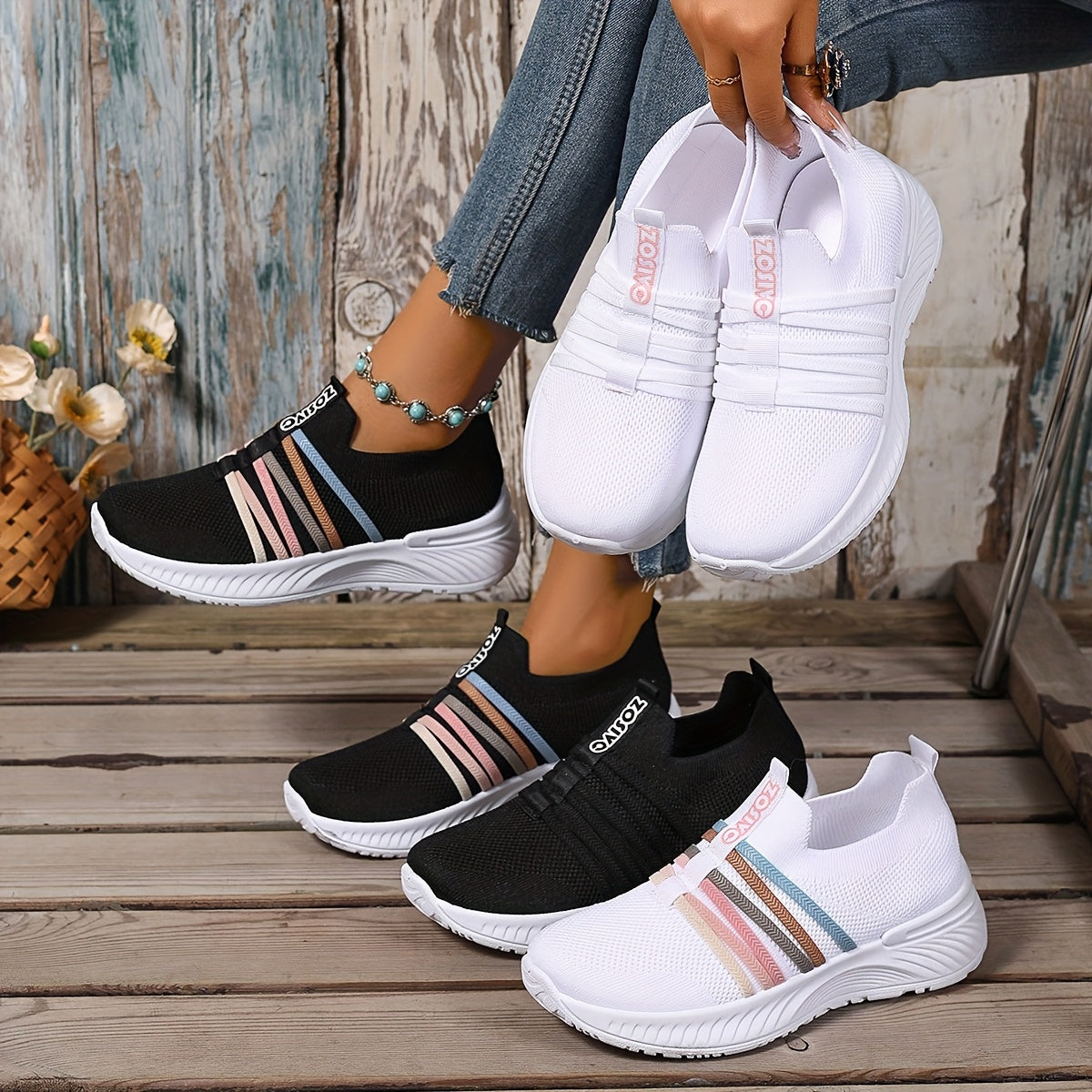 Damen Slip-On Freizeitschuhe mit Streifenmuster – Bequeme Alltags-Sneaker für Freizeit und Alltag