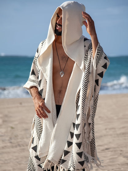 Men's Boho Beach Poncho with Hood and Geometric Pattern – Festival & Beach Cover-Up
