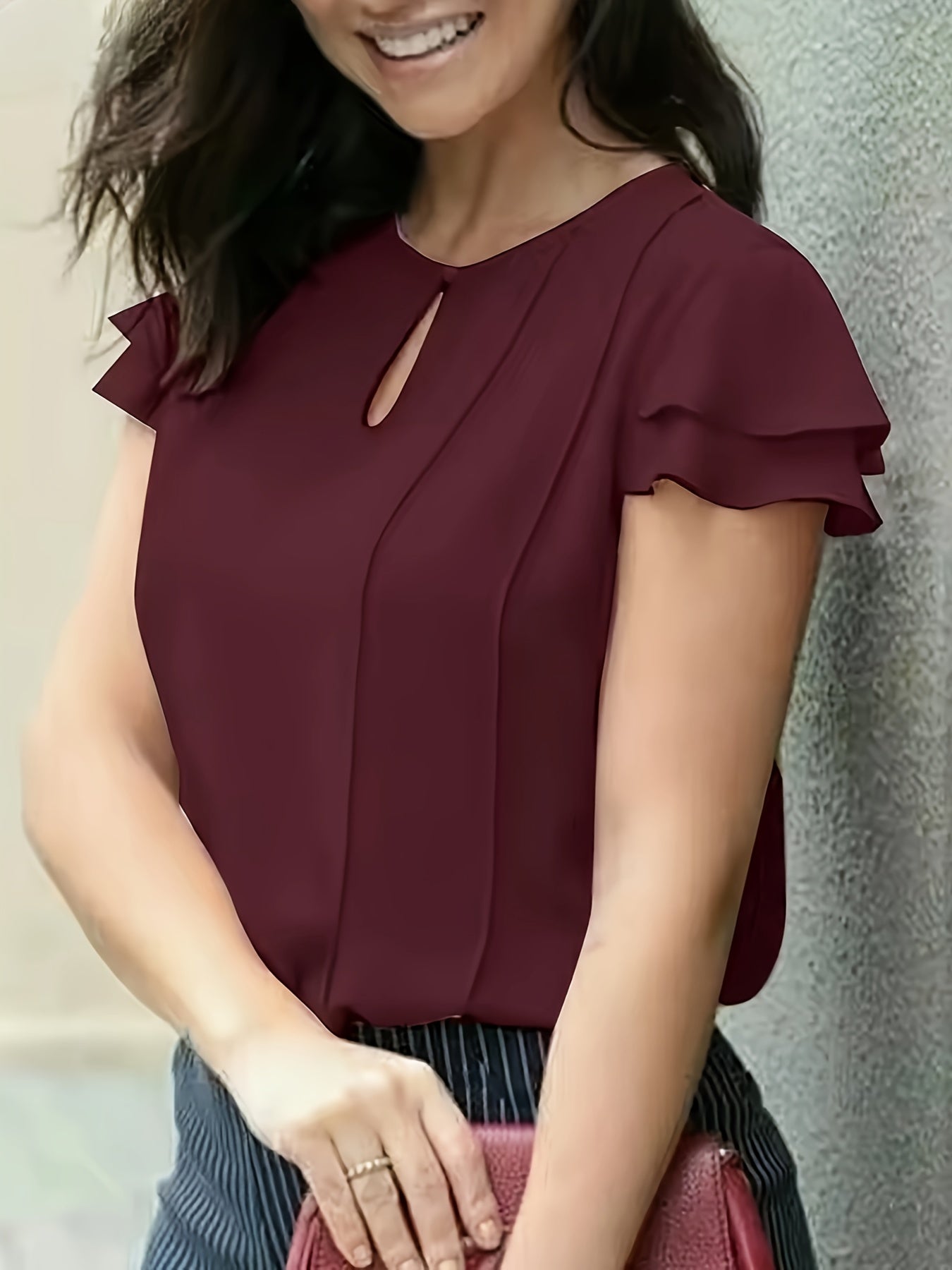 Women's Elegant Blouse with Ruffled Sleeves and Keyhole Neckline – Perfect for Office & Casual Wear