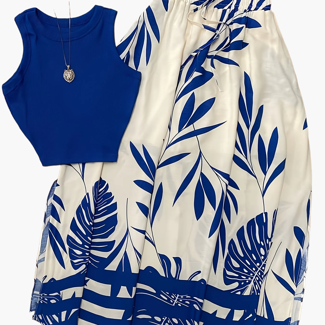 Women's Summer Set with Crop Top and Maxi Skirt – Tropical Print, Vacation, Casual