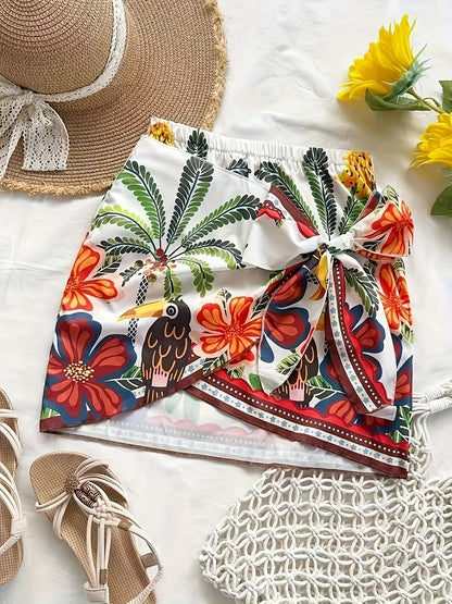 Women's Mini Beach Wrap Skirt with Tropical Pattern and Bow – Summery Vacation Style