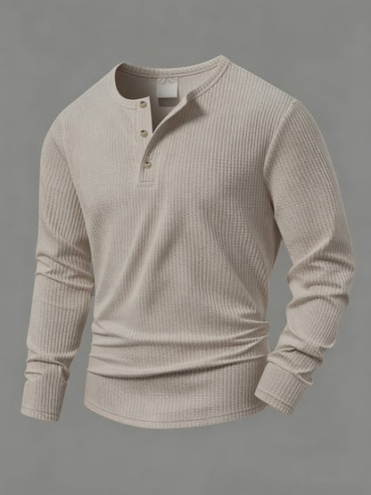 Men's long-sleeve Henley shirt, textured fabric, relaxed fit