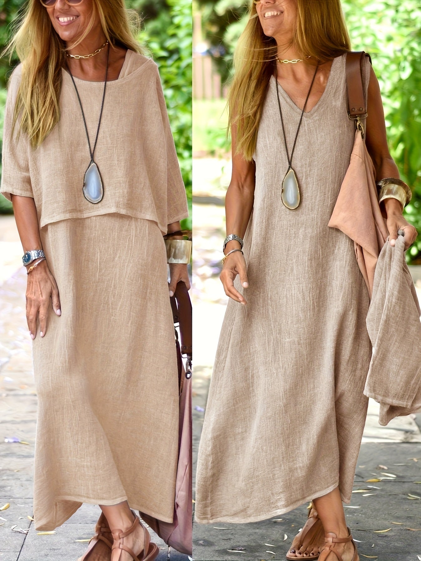 Damen Maxikleid Zweiteiler Set Boho Stil Lässig Sommerkleid für Alltag und Urlaub