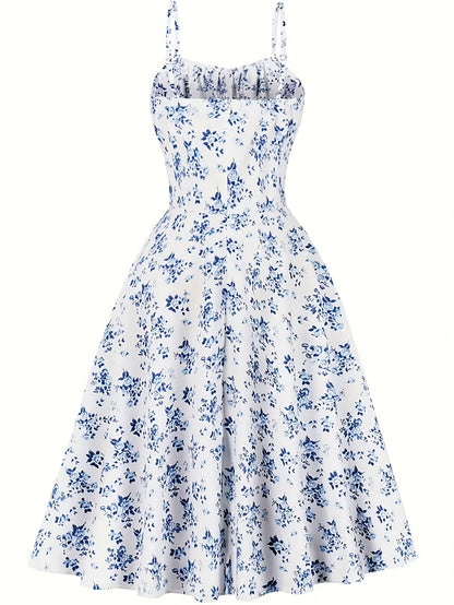 Women's Summer Midi Dress with Floral Pattern and Tie Belt – Elegant A-Line Dress for Everyday Wear and Garden Parties