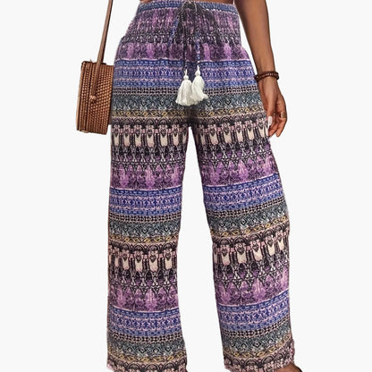 Women's Boho Wide-Leg Casual Pants with Ethnic Pattern for Summer