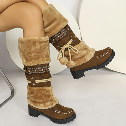 Women's brown winter boots with faux fur, decorative straps & pom-poms