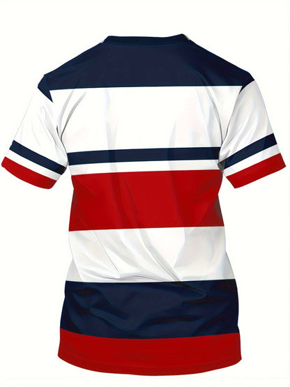 Men's Casual T-Shirt with Block Stripes and University Logo – Perfect for Everyday and Leisure
