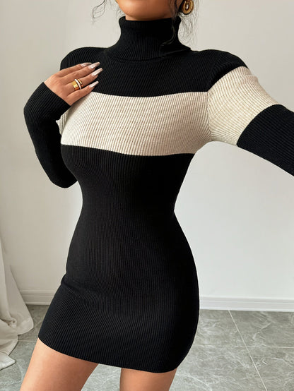 Rollkragen Strickkleid mit Blockstreifen Langarm Figurbetont