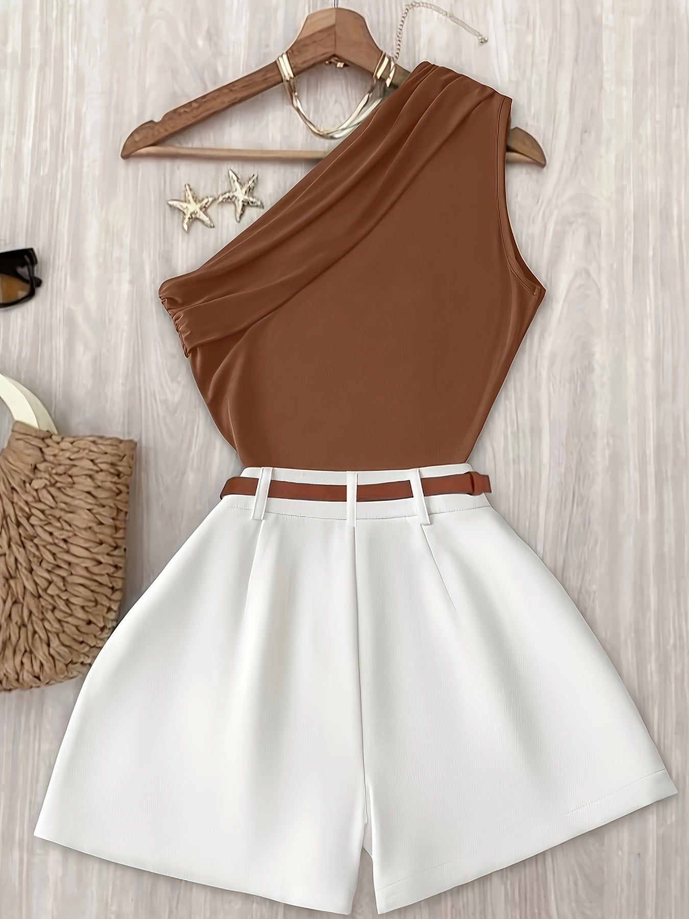 Women's One-Shoulder Elegant Summer Outfit Set – Stylish Shorts and Top for Leisure and Vacation