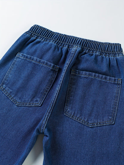 Dark blue jeans with an elastic waistband and drawstring