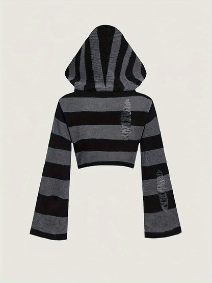 Gestreiftes Crop Top Hoodie mit Kapuze und weiten Ärmeln