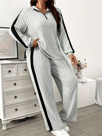 Ribbed women’s lounge set, two-piece sweater with zipper and wide-leg pants