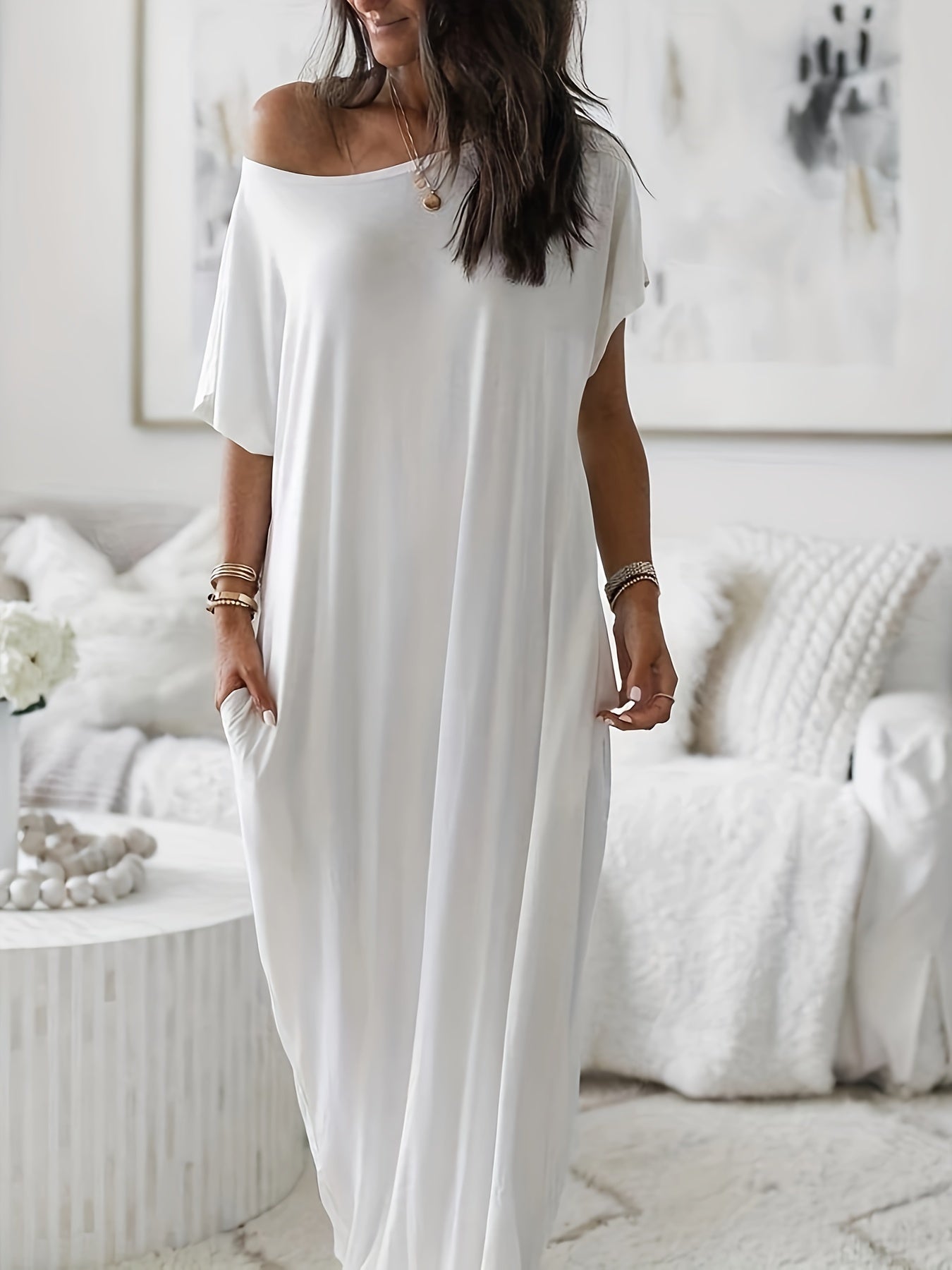 Women's Maxi Dress Loose Casual Summer Leisure Dress with Short Sleeves