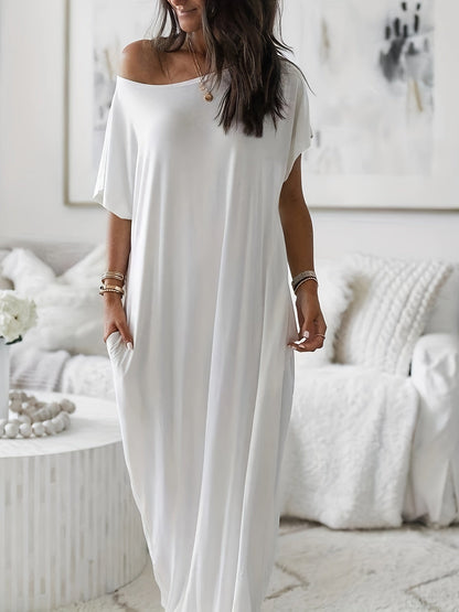 Women's Maxi Dress Loose Casual Summer Leisure Dress with Short Sleeves