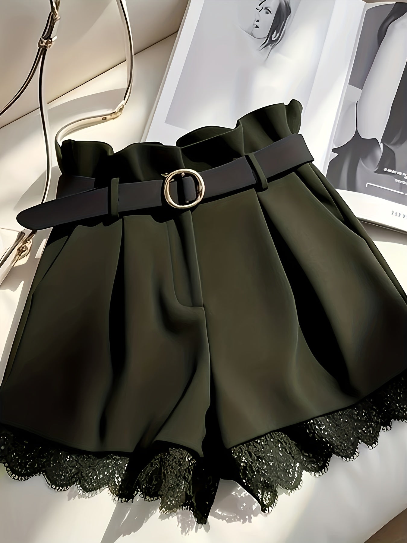 Women's High-Waist Paperbag Shorts with Belt and Lace Trim – Fashionable for Everyday and Special Occasions