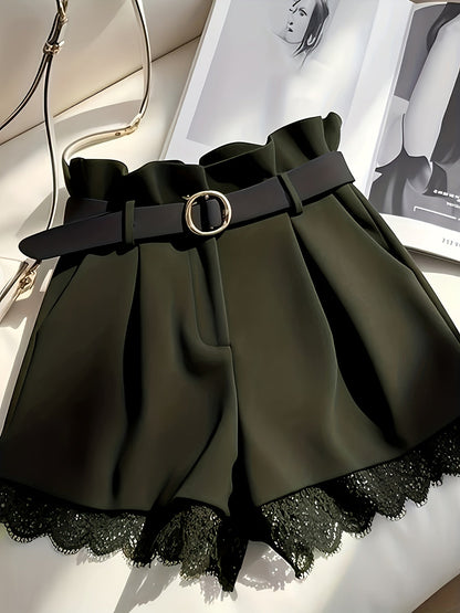 Women's High-Waist Paperbag Shorts with Belt and Lace Trim – Fashionable for Everyday and Special Occasions
