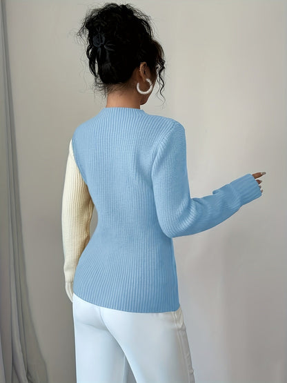 Women’s knitted pullover with heart pattern, crew neck, ribbed knit, long sleeves
