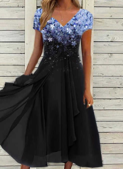 Damen Elegantes Chiffon Midikleid mit Blumenmuster und A-Linie für besondere Anlässe