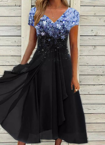 Damen Elegantes Chiffon Midikleid mit Blumenmuster und A-Linie für besondere Anlässe