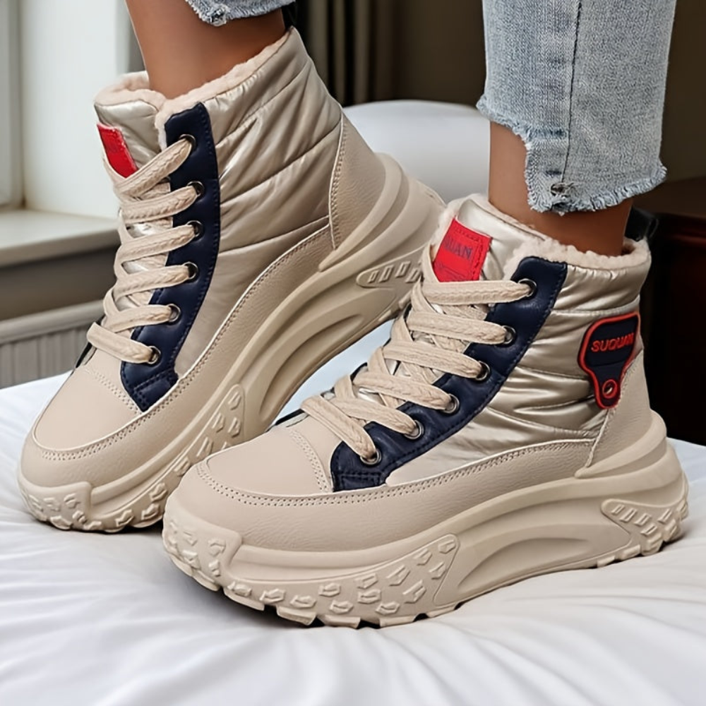 Women's winter boots, warm-lined beige high-top sneakers