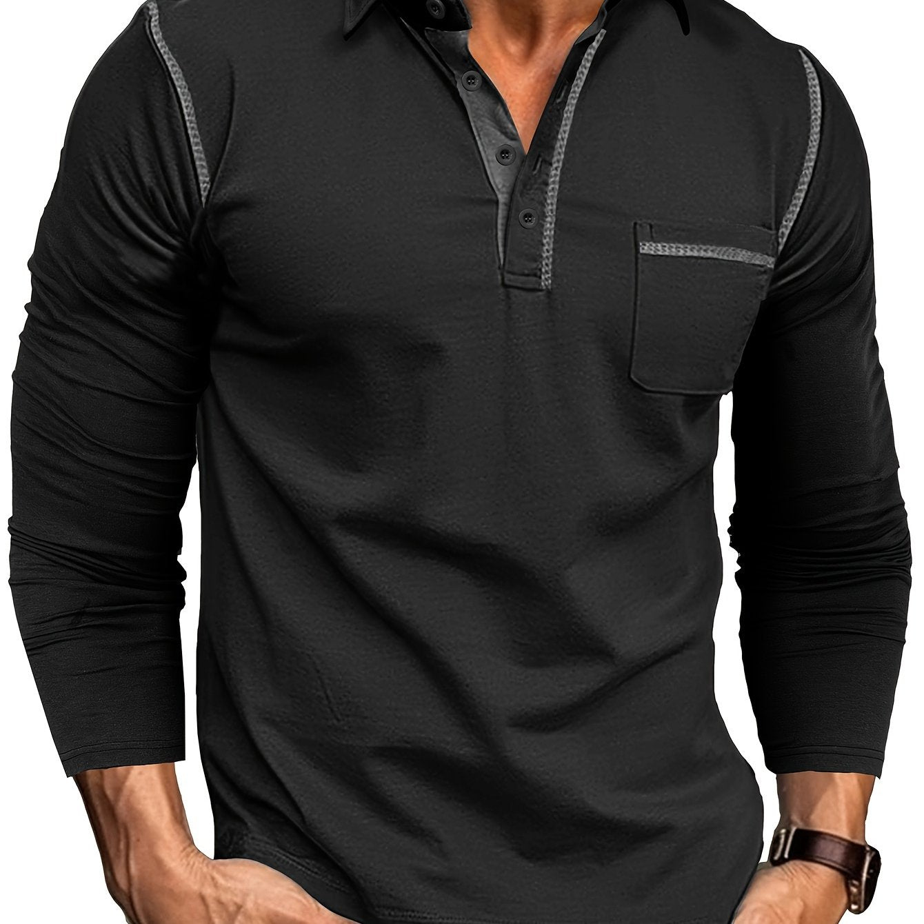 Men's long-sleeve polo shirt with chest pocket and contrast stitching