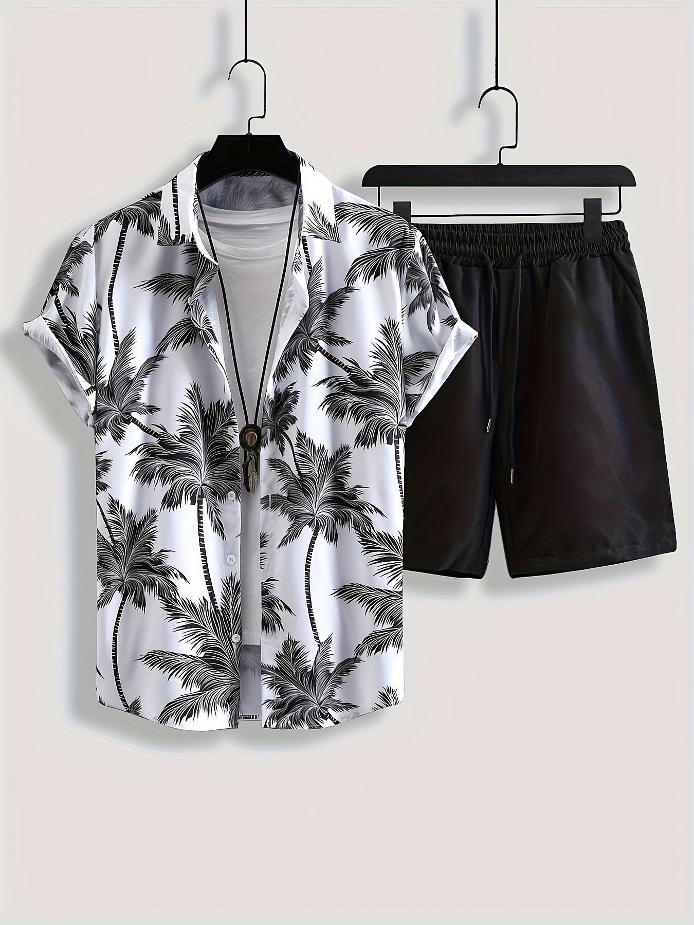 Herren Sommer-Set Kurzarm Hawaiihemd und Shorts – Palmenmuster, Freizeit, Urlaub, Strandmode