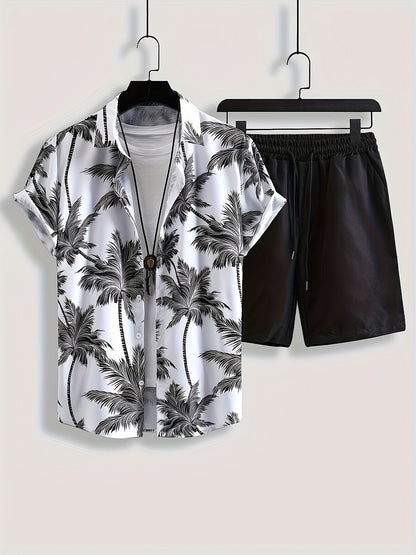Herren Sommer-Set Kurzarm Hawaiihemd und Shorts – Palmenmuster, Freizeit, Urlaub, Strandmode