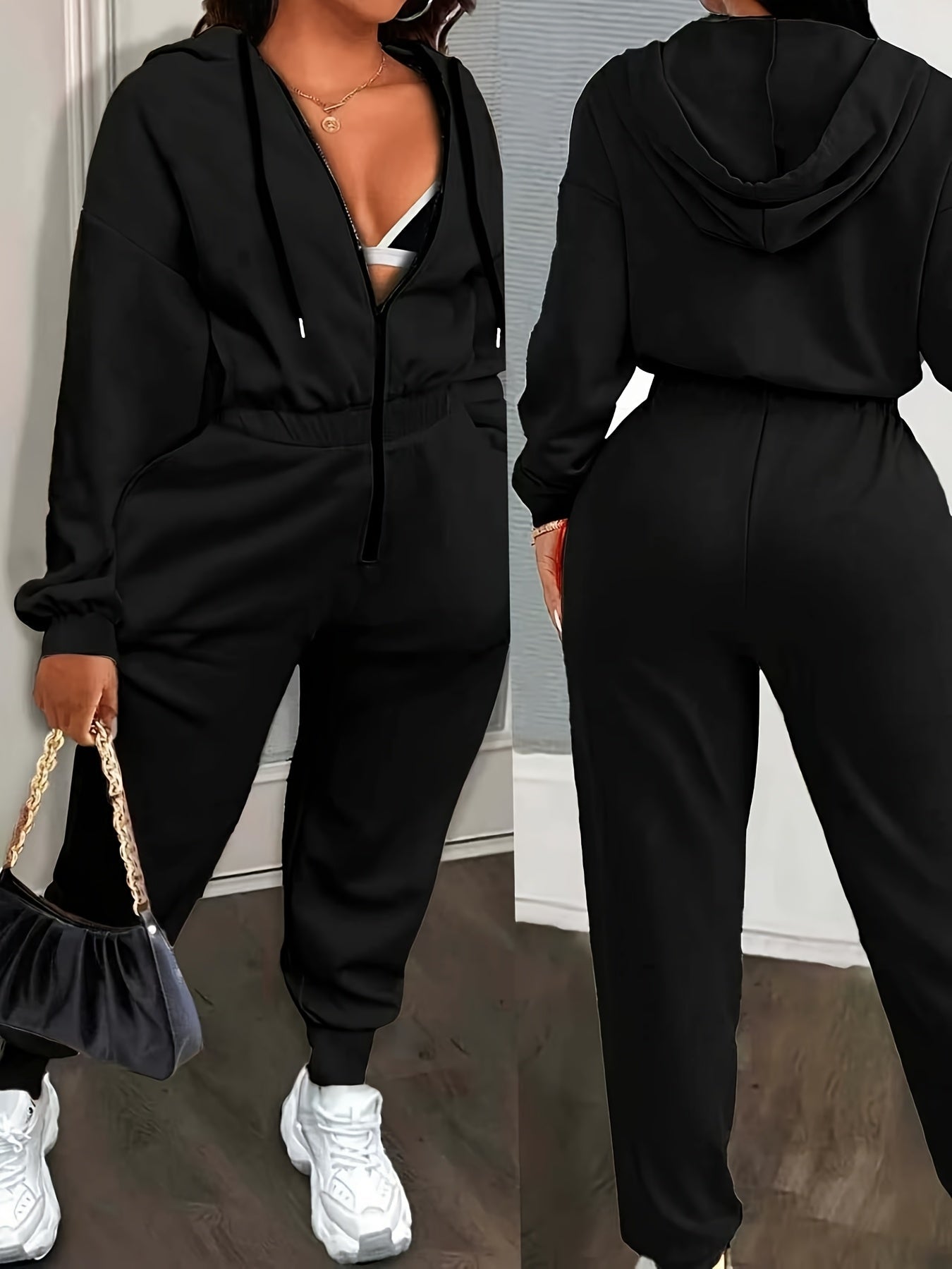Women's jumpsuit with hood, zipper, and elastic waist