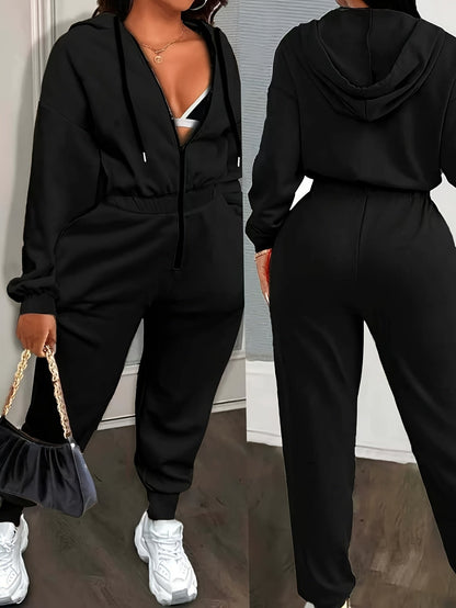 Women's jumpsuit with hood, zipper, and elastic waist