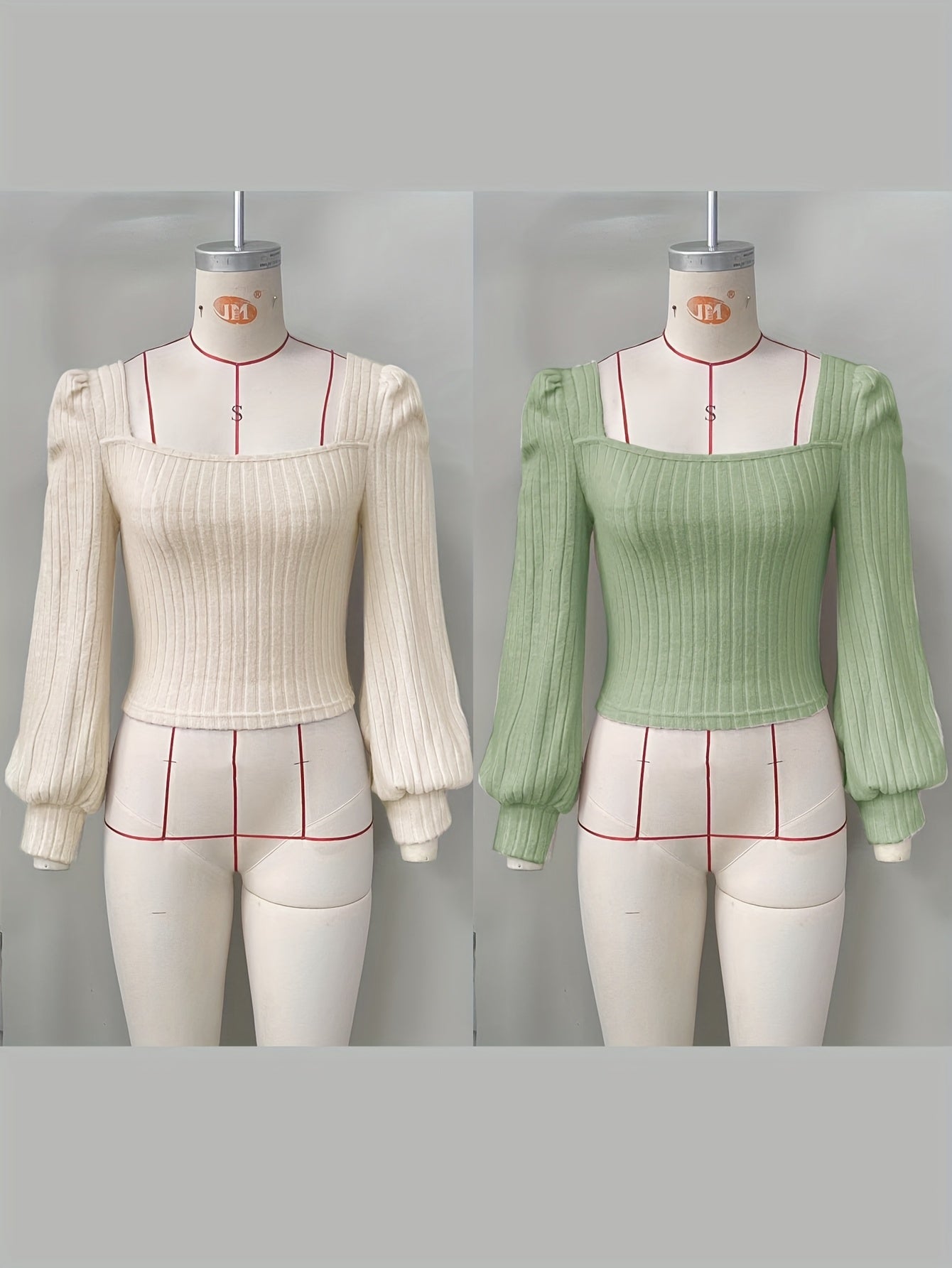 Geripptes Damen Crop-Top mit Puffärmeln und eckigem Ausschnitt
