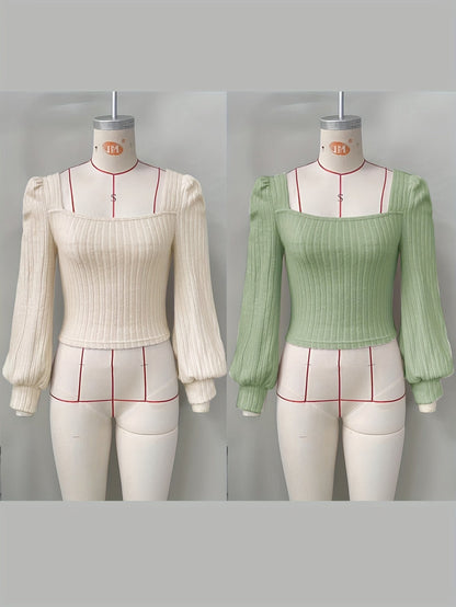 Geripptes Damen Crop-Top mit Puffärmeln und eckigem Ausschnitt