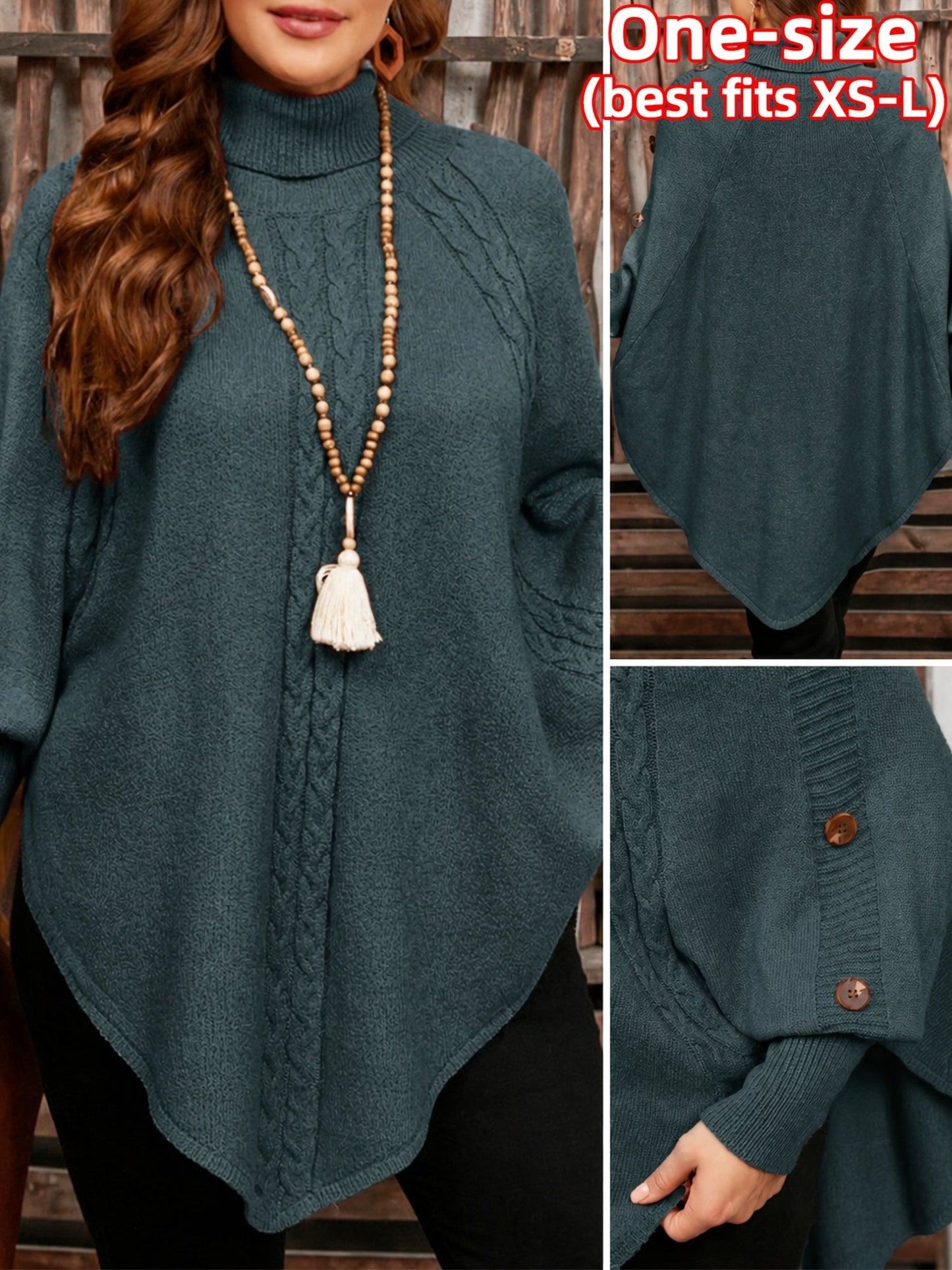 Damen Strick-Poncho mit Rollkragen, Zopfmuster und Knopfdetails