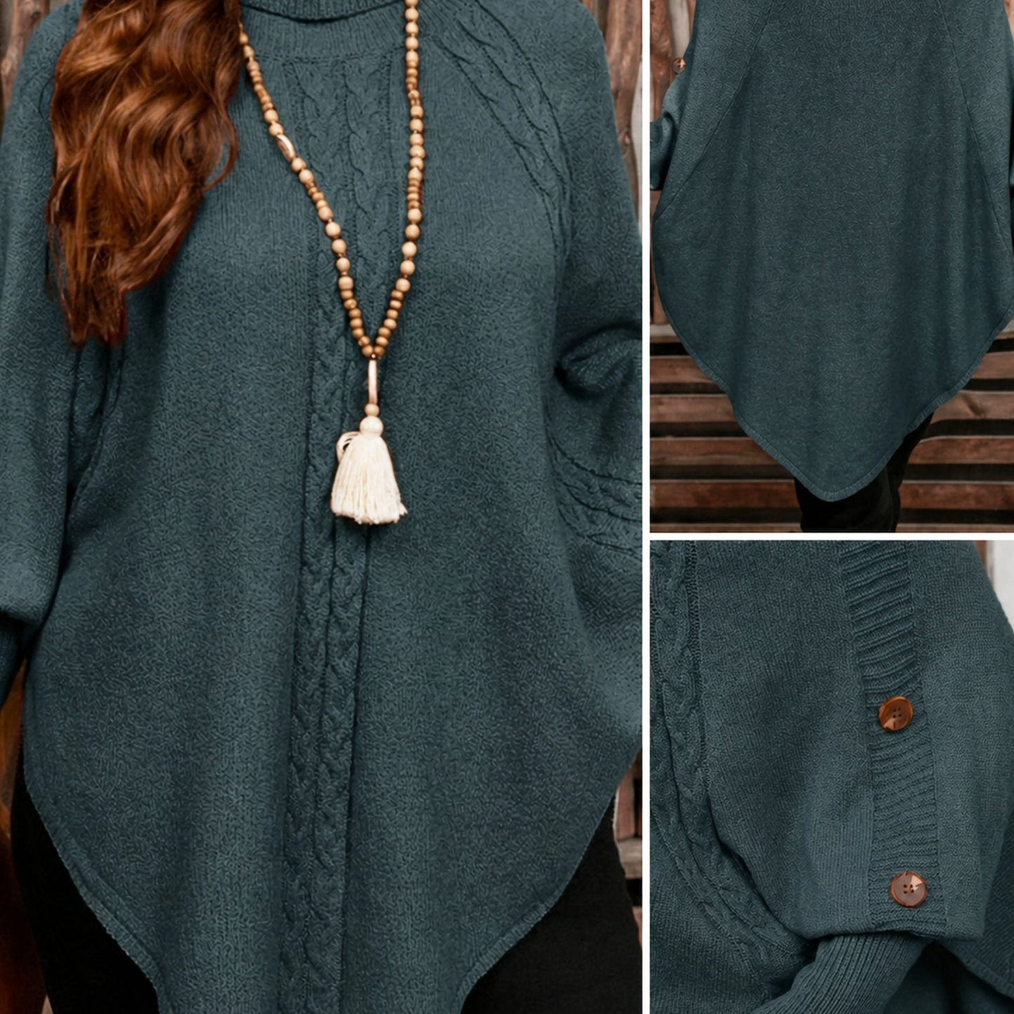 Damen Strick-Poncho mit Rollkragen, Zopfmuster und Knopfdetails