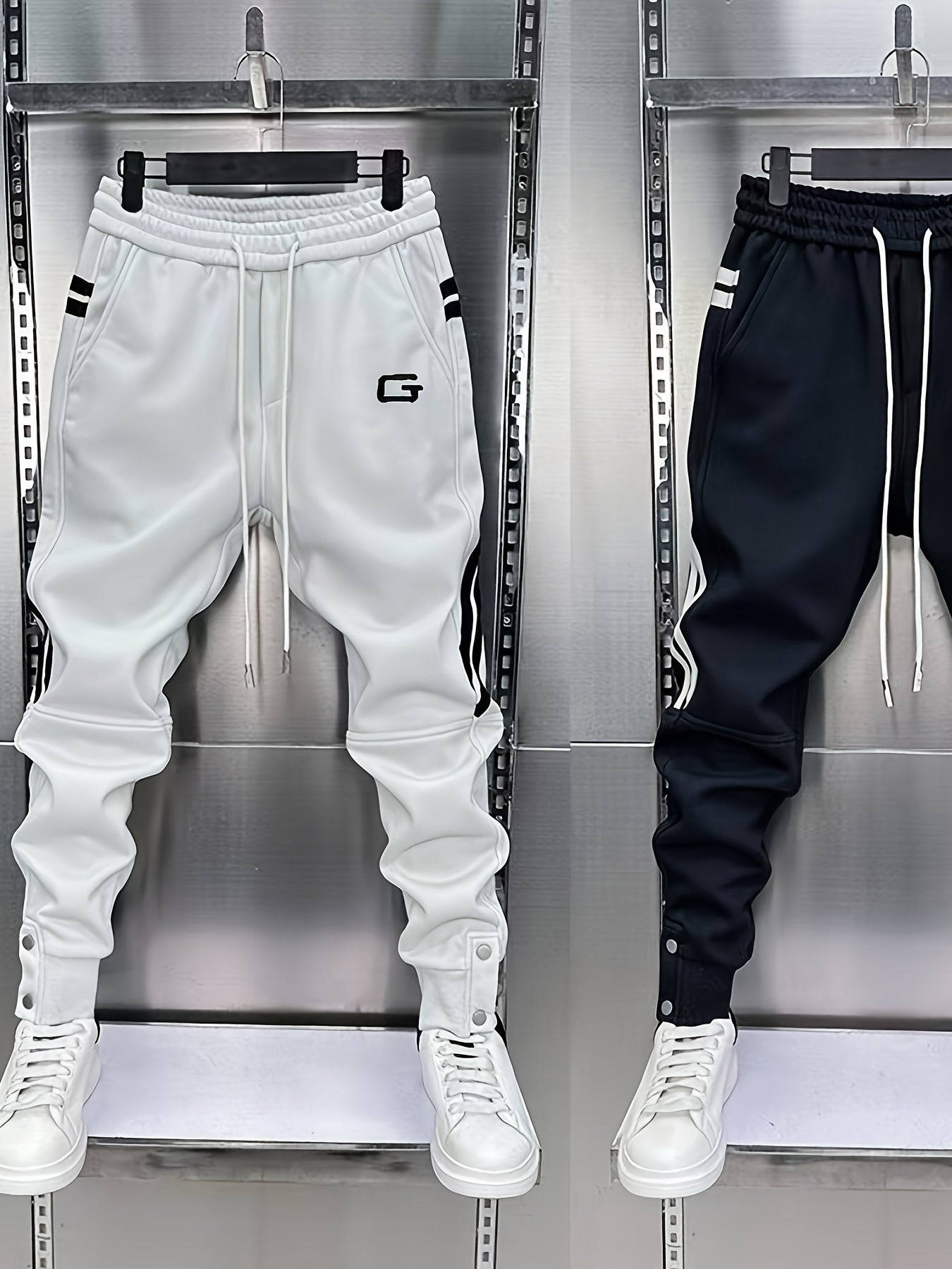 Men's sporty joggers with drawstring, stripes, and buttons