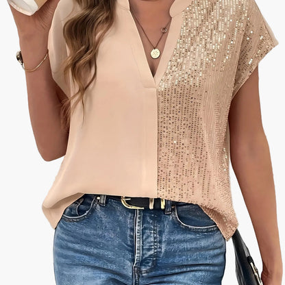 Women's Elegant Blouse with Sequins and V-Neck – Perfect for Office and Everyday Wear