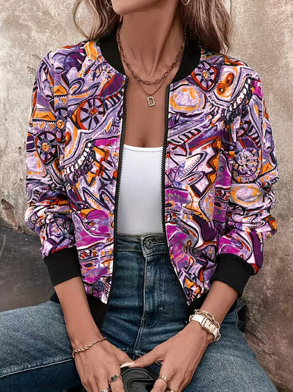 Women's bomber jacket with cartoon print for leisure and vacation