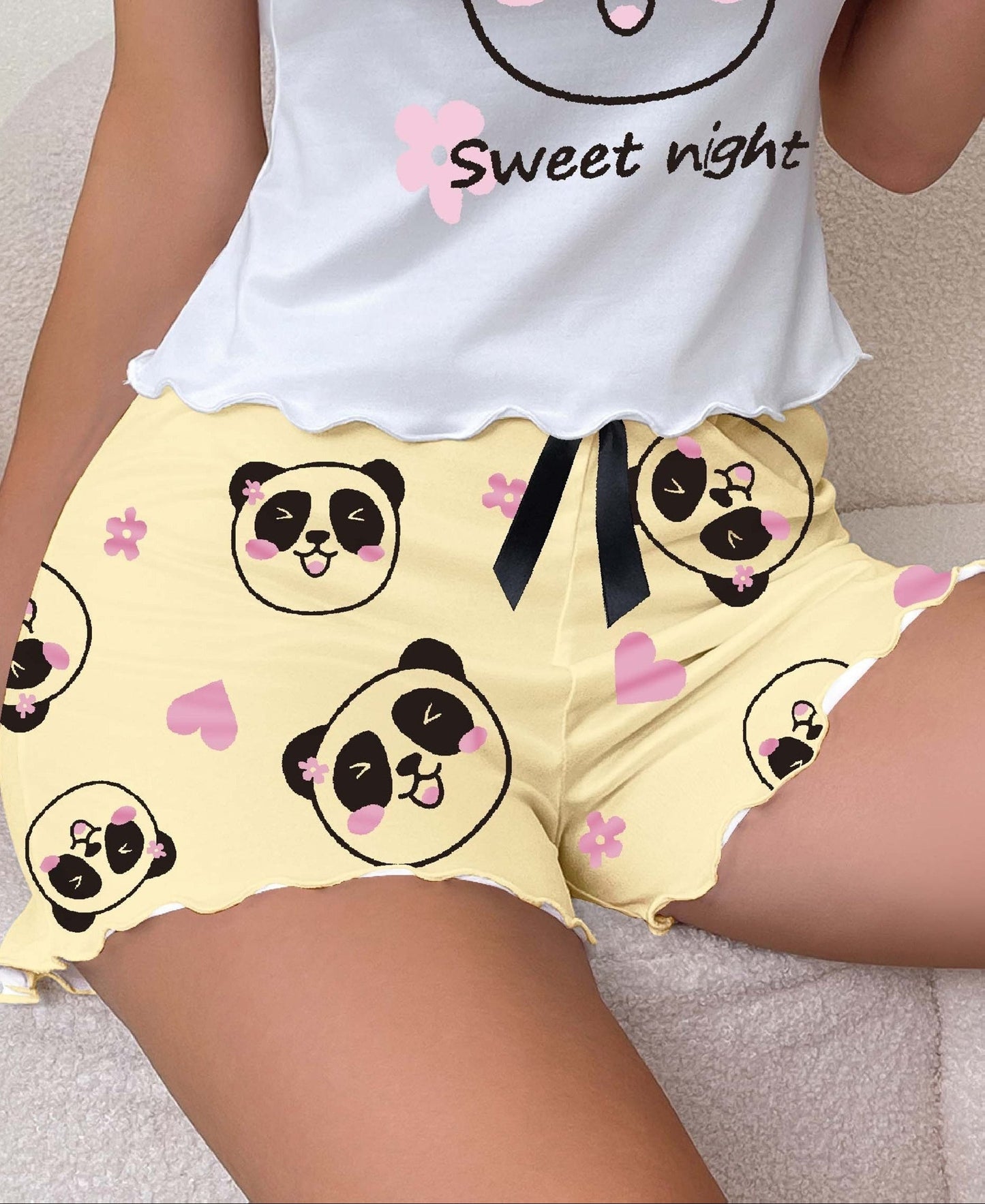 Women's pajama shorts with panda print and bow – cute sleepwear for spring & summer, casual style
