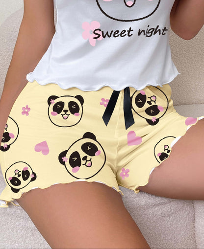 Women's pajama shorts with panda print and bow – cute sleepwear for spring & summer, casual style